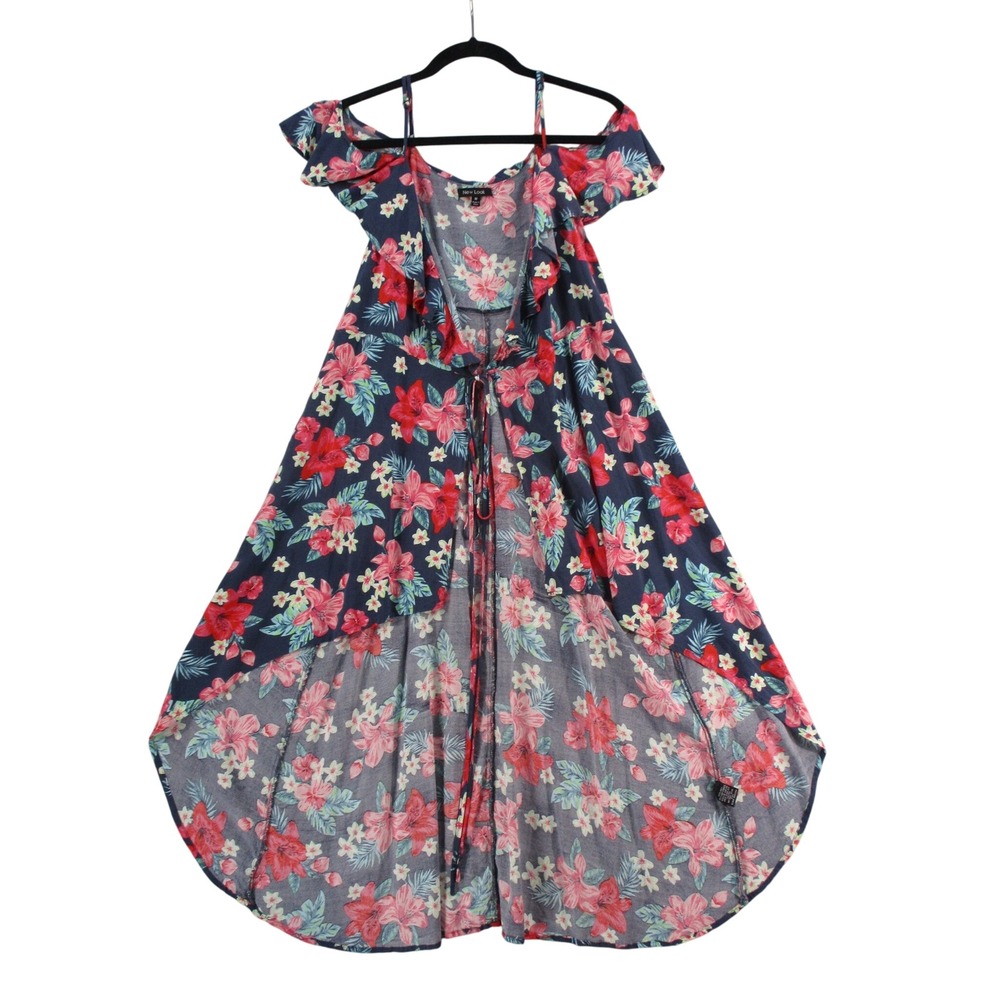 New Look Womens Blue Floral High Low Cold Shoulder Ruffle Dress Size M Tropical